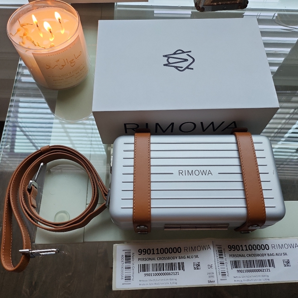 RIMOWA Aluminum Personal Crossbody- Silver- Brown Strap